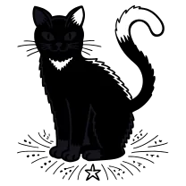 Black cat with curled tail